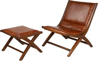 Set of 2 Traditional Teak Wood Accent Chairs with Ottoman Brown - Olivia & May