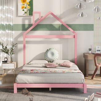 NINEDIN Wood Platform Bed w/House-Shaped Headboard for Kids, Bedroom