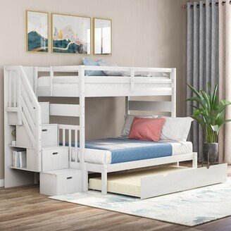 TOSWIN Twin over Twin/Full Bunk Bed with Trundle and Drawer