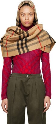 Beige Check Wool Cashmere Hooded Scarf