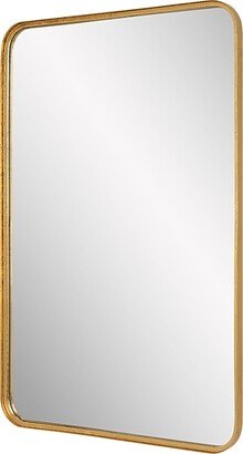 38 Inch Wood Wall Mirror, Metal Frame, Rounded Corners, Gold