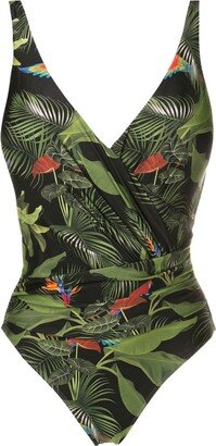 Maisa leaf-print draped swimsuit