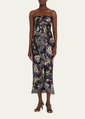 Elise Floral Strapless Fringe-Trim Midi Dress