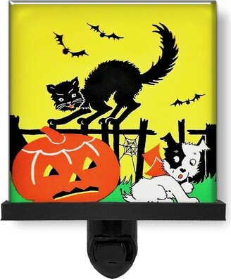 Retro Halloween Scared Black Cat & Dog Vintage Style Art Glass Photo Night Light, Decorative Lights