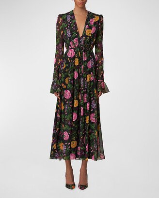 Plunging Floral-Print Button-Front Long-Sleeve Midi Dress