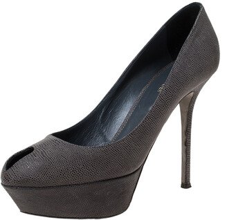 Grey Textured Suede Peep Toe Platform Pumps Size 39.5