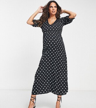 New Look Maternity lace detail midi dress in black polka dot