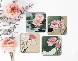 Blooming Lotus & Water Lilies Coasters Pink Flowers Cork Drinks Vintage Japanese Hot Wooden Gift Idea