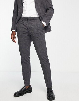 multi-stretch slim fit suit pants in gray blue plaid