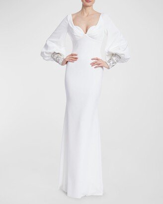 Beaded-Cuff Bishop-Sleeve Trumpet Gown