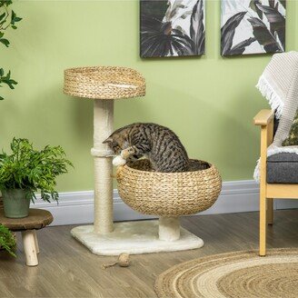 28 Elevated Cat Bed with Sisal Scratching Post for Indoor Kitties, Modern Cat Tree with Cute Basket Design, Small Cat Tree with Fun Ball Toy