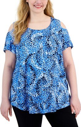 Plus Size Spotted Rain Cold-Shoulder Top, Created for Macy's