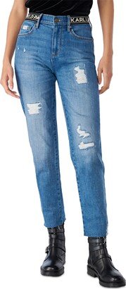 Women's Logo-Waist Distressed Jeans