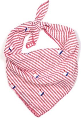 The Worthy Dog Seersucker Stripe Embroidered Sailboat Classic Square Tie-On Bandana - Red/White - S