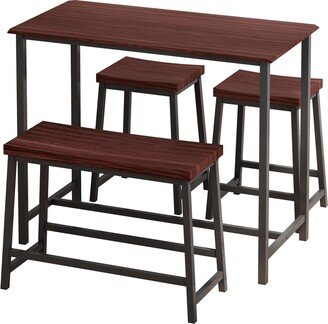 unbrand Industrial Wooden Dining Table Set,Kitchen 1 Table,2 Stools and 1 Bench,Set of 4