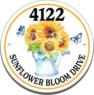 Sunflower Butterflies Themed Ceramic House Number Circle Tile, Garden Address Sign, Sign