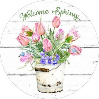 Welcome Spring Flowers Sign - Flower Pail- Rustic Shiplap Metal