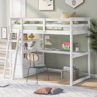 NOVABASA Twin Size Loft Bed with Desk and Shelves, Two Built-in Drawers