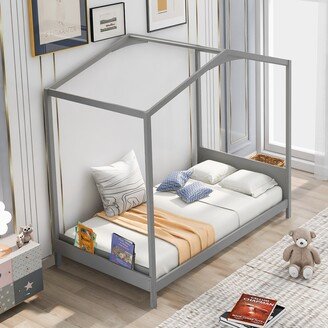 EDWINRAY Twin Size Creative House Platform Bed with Headboard for Kids, Bedroom, Home Furniture, No Need Spring Box, Grey