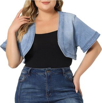 Agnes Orinda Women's Plus Size Denim Casual Crop Short Jean Cardigans Light Blue 3X