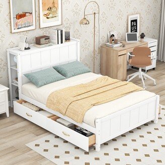 Full Size Platform Bed with Drawers and Storage Shelves, Wood Full Bed Frame with Storage Headboard for Bedroom Guest Room