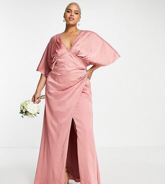 ASOS DESIGN Bridesmaid Curve satin kimono sleeve maxi dress with drape skirt in dusky rose