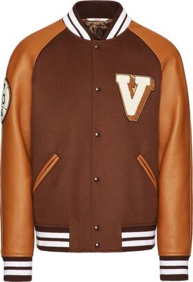 Logo-Patch Leather Sleeve Bomber Jacket