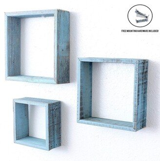 Set of 3 Square Robins Egg Blue Reclaimed Wood Open Box Shelve - 12