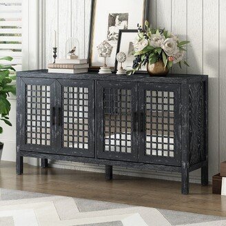 Retro Mirrored Sideboard with Closed Grain Pattern, Black