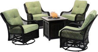 Orleans 5-Piece Fire Pit Chat Set in Green Jasmine with 4 Woven Swivel Gliders and a 26-In. Square Fire Pit Table