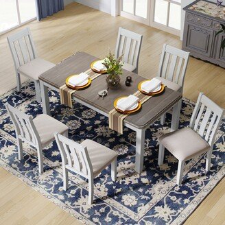 GEROJO Retro Style 7-Piece Extendable Dining Table Set with 6 Upholstered Chairs, Removable Leaf, Spacious Design, Distressed Finish