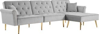 IGEMANINC Velvet Upholstered Reversible Sectional Sofa Bed, L-shaped Couch with Movable Ottoman