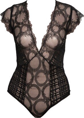 Carol Coelho Mind Games Lace & Check Stretch Tulle Ouvert Bodysuit