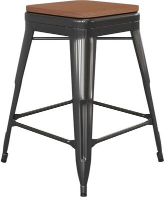 Kai Commercial Grade Indoor-Outdoor Counter Height Stool - Black Metal Frame - Teak Poly Resin Seat - 24 High - Backless