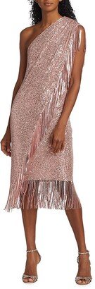 Sequin Fringe One-Shoulder Midi Dress