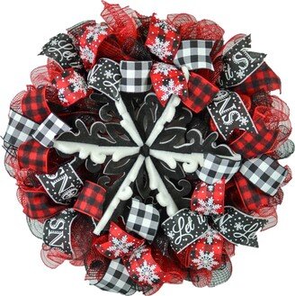 Winter Wreath, Buffalo Plaid Snowflake Christmas Mesh Outdoor Front Door Wreath; White Red Black