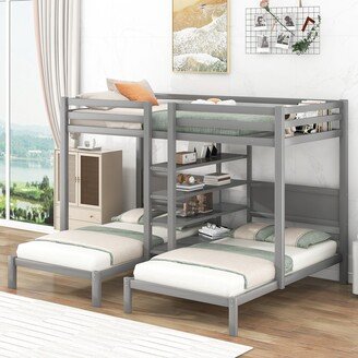 EDWINRAY Twin XL over Twin&Twin Bunk Bed with Built-in Four Shelves and Ladder