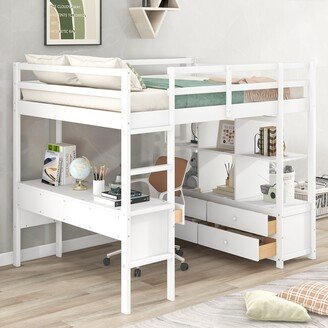 TiramisuBest Wood Full/ Twin Size Loft Bed with Shelves, Drawers and Built-in Desk