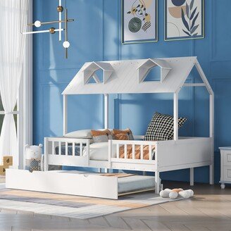 HOMEBAY Full Size House Bed Wood Bed with Twin Size Trundle