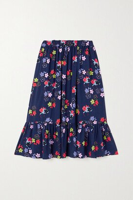 Pleated Tiered Floral-print Satin Midi Skirt - Blue