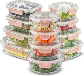 24 Piece Fluted Glass Food Storage Containers with Leakproof Lids Set - Pink