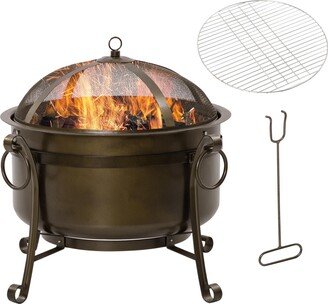 30 Outdoor Fire Pit Grill, Portable Steel Wood Burning Bowl, Cooking Grate, Poker, Spark Screen Lid for Patio, Backyard, Bbq, Camping, Bronz