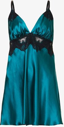 NK Imode Womens Emerald/ Black Lace-embellished Flared-hem Silk Nightdress