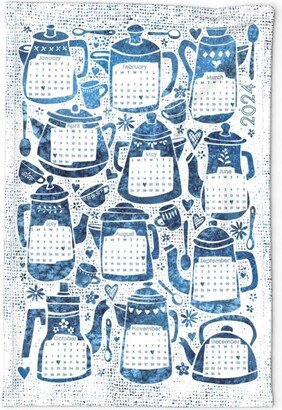 Teapot Tea Towel - Kitchen Calendar 2024 By Ramarama Indigo Watercolor Hand Painted Linen Cotton Canvas Spoonflower