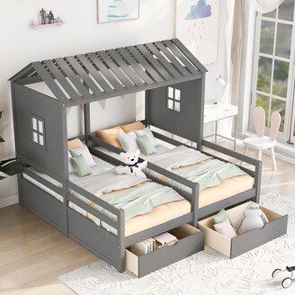 TOSWIN Modern Pine Wood Twin Size Side by Side House Platform Beds with Roof and Wall Section, Two Drawers