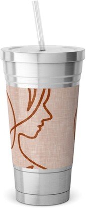 Travel Mugs: Aria - Flowing Faces - Blush And Brick Stainless Tumbler With Straw, 18Oz, Pink