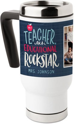 Travel Mugs: Teacher Rockstar Travel Mug With Handle, 17Oz, Blue