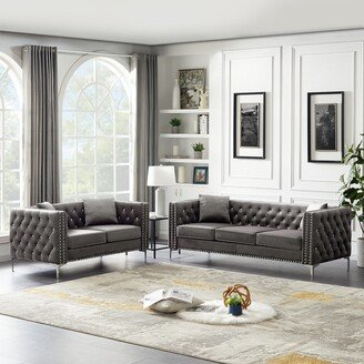 TOSWIN 2 Piece Modern Velvet Upholstered Sofa Set Tufted Back Sofa and Loveseat with Jeweled Buttons & Nailheads, 4 Pillows Included