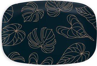 Serving Platters: Minimalist Monstera Leaves - Dark Serving Platter, Blue