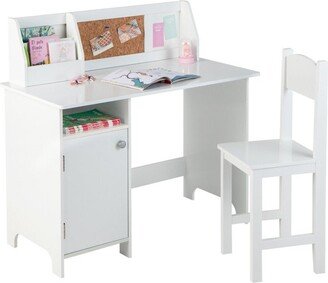 Wooden Kids Study Desk and Chair Set with Storage Cabinet and Bulletin Board-White - White